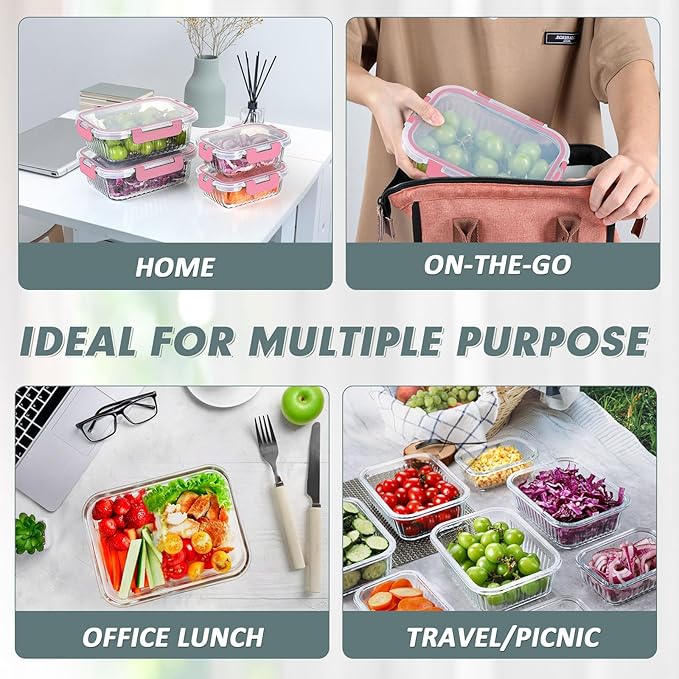 10 Packs Glass Meal Prep Containers with Lids, Glass Food Storage Containers Set, Airtight Lunch Containers, Microwave, Oven, Freezer and Dishwasher Safe, Pink