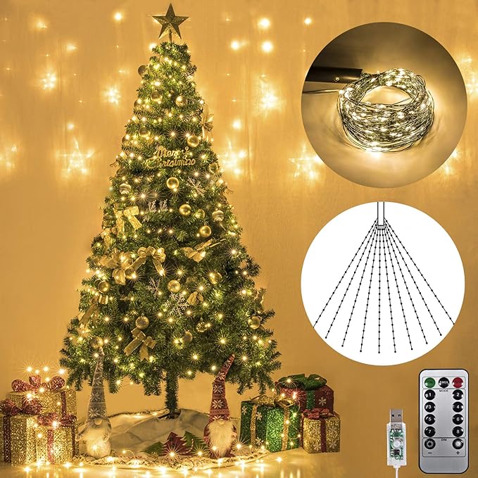 AWQ 200 LED 6.6FTx10 Christmas Tree String Lights 8 Modes LED Fairy String Lights USB Powered with Remote Control for Christmas Tree Wedding Party Home Decoration