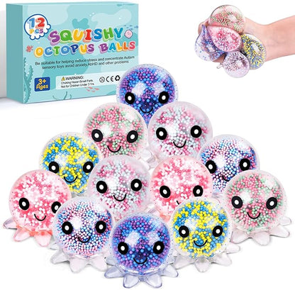 12 Pack Fidget Stress Balls for Adults, Cute Octopus Stress Relief Stress Ball, Bulk Squishy Squeeze Ball Set and Birthday Party Favors