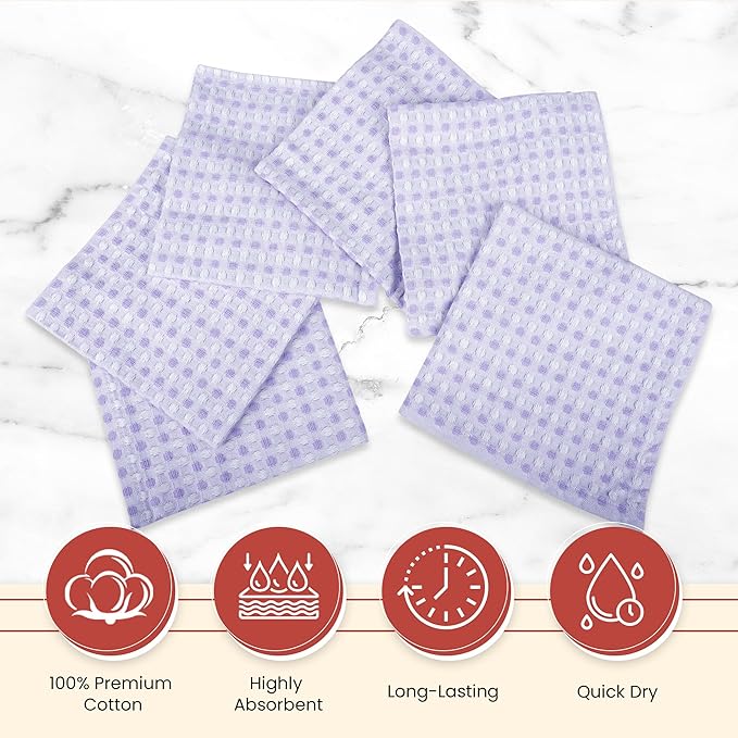 Vintage Vista 100% Cotton Dish Cloths (Pack of 6) - Dish Rags for Washing Dishes - Reusable & Highly Absorbent Kitchen Towels - Kitchen Rags for Christmas - (12" x 12" - Purple Honeycomb)
