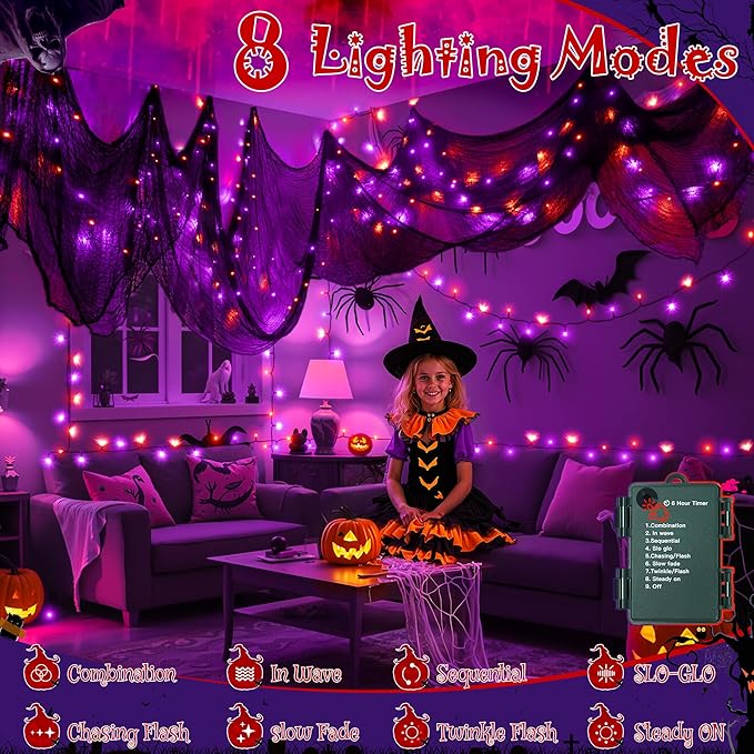 Ollny Halloween Lights 150LED 49FT, Orange and Purple String Lights with Creepy Cloth(315 x 85 in), Battery Operated Fairy Lights with 8 Lighting Modes Timer for Outdoor Party Yard Decor