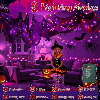 Ollny Halloween Lights 100LED 33FT, Orange and Purple String Lights with Creepy Cloth(197 x 63 in), Battery Operated Fairy Lights with 8 Lighting Modes Timer for Outdoor Party Yard Decor