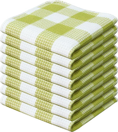 Waffle Weave Plaid Dish Cloths, 100% Cotton - 12 x 12 Inches, Ultra Soft Absorbent Quick Drying Dish Towels Buffalo Check Dish Rags for Kitchen, 8 Pack - Fall Thanksgiving - Light Green & White
