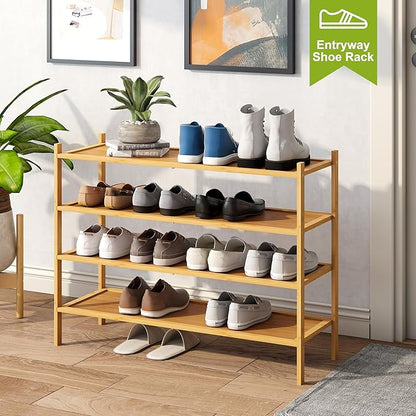 BMOSU 4-Tier Bamboo Extended Shoe Rack Premium Stackable Shoe Shelf Storage Organizer for Hallway Closet Living Room Entryway Organizer(Natural)