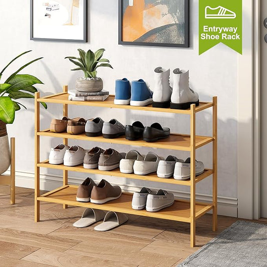 BMOSU 4-Tier Bamboo Extended Shoe Rack Premium Stackable Shoe Shelf Storage Organizer for Hallway Closet Living Room Entryway Organizer(Natural)