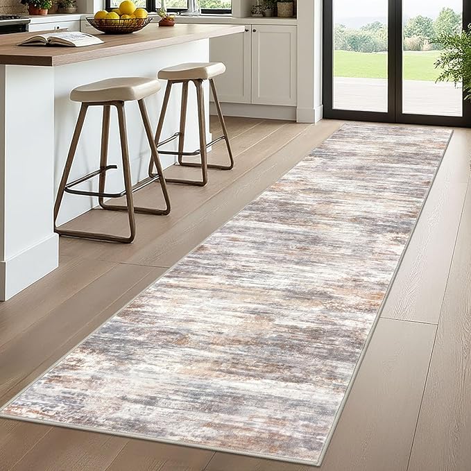 KOZYFLY Modern Abstract Washable Rug Runner 2.6x10 Hallway Rug Runner Non-Slip Soft Kitchen Runner Rugs, Multi Grey Striped Carpet for Entryway Bathroom Laundry Room Foyer