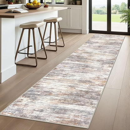 KOZYFLY Modern Abstract Washable Rug Runner 2.6x10 Hallway Rug Runner Non-Slip Soft Kitchen Runner Rugs, Multi Grey Striped Carpet for Entryway Bathroom Laundry Room Foyer