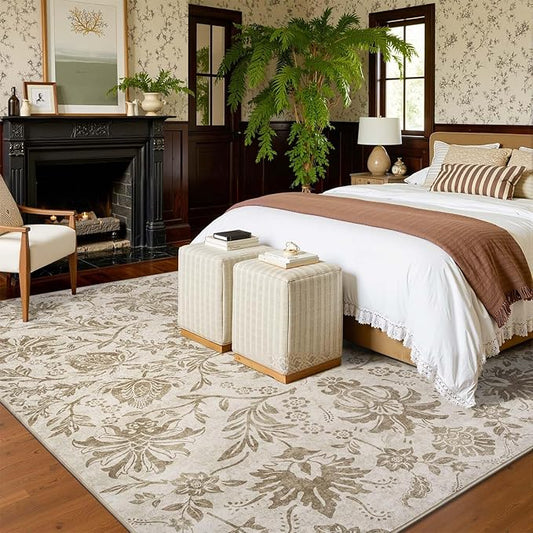 jinchan Floral 8x10 Area Rugs, Vintage-Inspired Neutral Design Accent Living Room Rug, Machine Washable Ultra-Thin Low-Pile Non-Slip Traditional Carpet for Bedroom Dining Room Home Office, Taupe