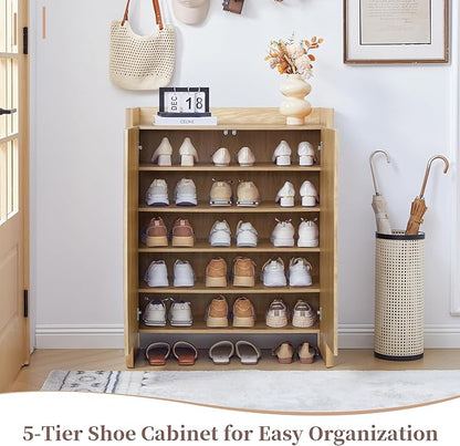 Fluted Shoe Cabinet, 5-Tier Shoe Storage Cabinet with Doors,Freestanding Hidden Shoe Cabinet Organizer, Narrow Shoes Storage Rack for Entryway (Natural)