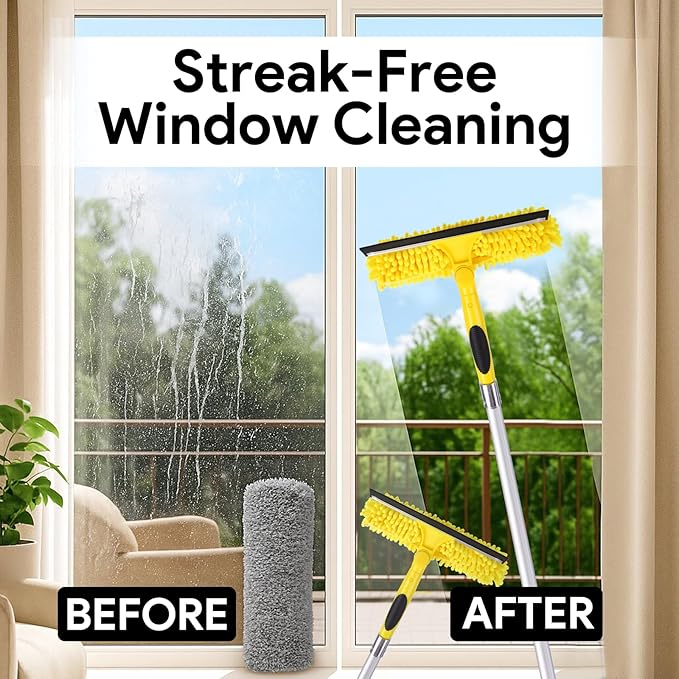 Professional Window Squeegee with Telescoping Extension Pole, 2 in 1 Shower Cleaning with Telescopic Pole, 360'' Extension Washing Tool with Rotating Head for Indoor/Outdoor High Window Glass