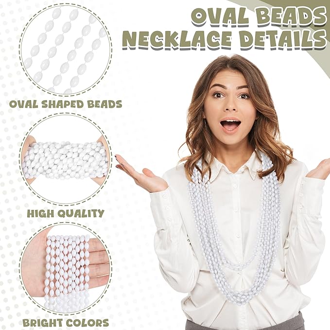 Mardi Gras Beads Bulk, 100PCS White Oval Beaded Necklace Stuff Party Favors, 32" Mardi Gras Beads Necklaces, Festival Parade Throw Accessories for Wedding Birthday Celebrations Decorations