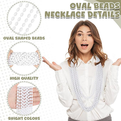 24PCS White Bead Necklaces, Metallic Oval Mardi Gras Beads Stuff Party Favors, Aesthetic 32" Necklaces Costume for Festival Parade Throw Accessories Wedding Birthday New Year 4th of July Decorations