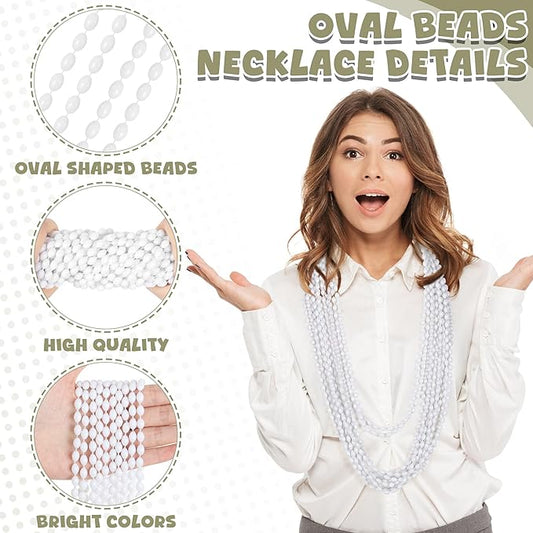 24PCS White Bead Necklaces, Metallic Oval Mardi Gras Beads Stuff Party Favors, Aesthetic 32" Necklaces Costume for Festival Parade Throw Accessories Wedding Birthday New Year 4th of July Decorations
