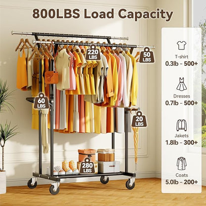 800LBS Heavy Duty Clothes Rack: Rolling Clothing Rack for Hanging Coat Double Rods Portable Wardrobe Garment Racks with Wheels Shelf Sturdy Metal Adjustable Bedroom Laundry Living Room (Black)