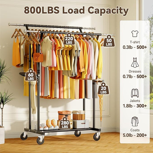 800LBS Heavy Duty Clothes Rack: Rolling Clothing Rack for Hanging Coat Double Rods Portable Wardrobe Garment Racks with Wheels Shelf Sturdy Metal Adjustable Bedroom Laundry Living Room (Black)