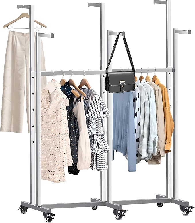 Metal Clothing Rack, 6 Arms Clothes Display Racks with Wheels, Adjustable Floor Standing Garment Rack From 46.85" to 64", Portable Retail Display Stand for Boutique Stores (Silver, 6 Arm/45.66in)