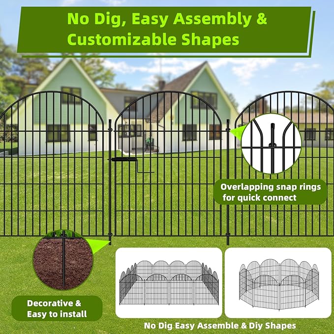 HIGH 10 Panels Garden Fence 36in H x 22.5ft L with Gate, No Dig Dog Fence Animal Barrier, Decorative Rustproof Metal Garden Edging Border Panel Fencing for Outdoor, Yard, Patio