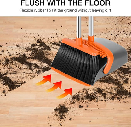 NACENA Broom and Dustpan Set, 52-in Long Adjustable Handle Broom Dustpan Combo with Dustpan Teeth to Automatically Clean Hair Suitable for Home Kitchen Office Hall Floor（Grey&Orange）