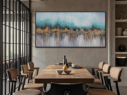 Ardemy Teal Abstract Canvas Wall Art for Living Room, Bedroom Wall Decor above Bed, Textured Picture Artwork Painting Wall Art for Men Home Office, Black Framed Large 48"x24"