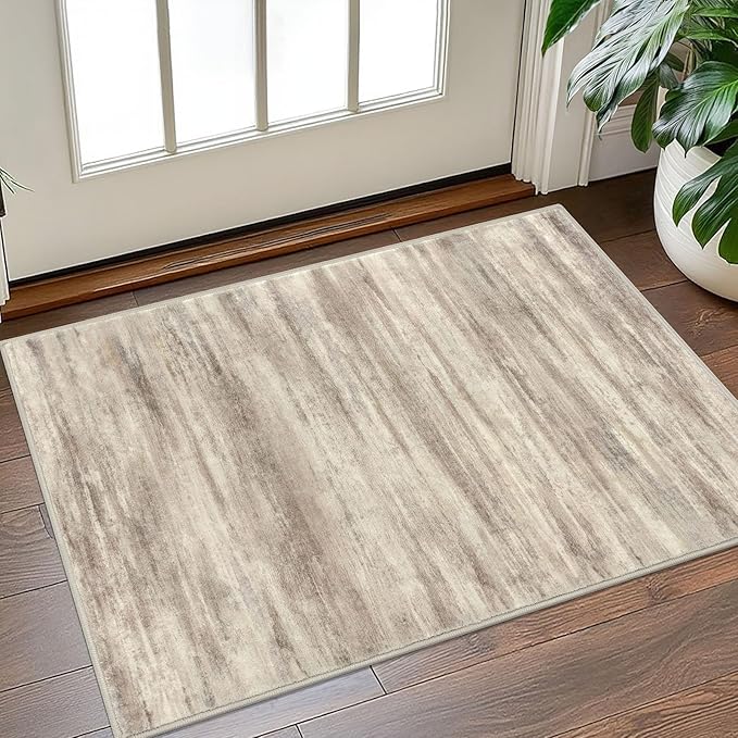 KOZYFLY Modern Abstract Rugs for Entryway 2x3, Washable Kitchen Rug Non-Slip Soft Small Bathroom Rug, Beige Brown Striped Small Area Rugs Print Faux Wool Doormat for Bedside Entrance Bedroom Sink