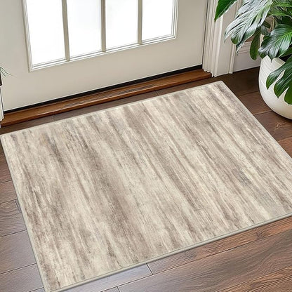KOZYFLY Modern Abstract Rugs for Entryway 2x3, Washable Kitchen Rug Non-Slip Soft Small Bathroom Rug, Beige Brown Striped Small Area Rugs Print Faux Wool Doormat for Bedside Entrance Bedroom Sink