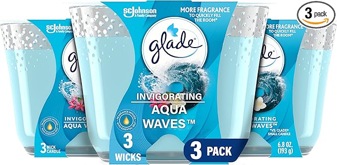 Glade Candle Aqua Waves, Fragrance Candle Infused with Essential Oils, Air Freshener Candle, 3-Wick Candle, 6.8 Oz, 3 Count