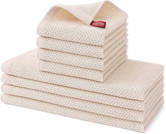 Kitinjoy 100% Cotton Kitchen Towels and Dishcloths Set, 8 Pack Waffle Weave Dish Towels Ultra Soft Absorbent Quick Drying Dish Rags, 13 x 28 Inch and 12 X 12 Inch, Beige