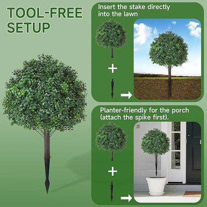 Boxwood Topiary Balls Artificial Outdoor Set of 2,UV Resistant with Spike Faux Plants for Garden,Indoor, Porch,Yard, Balcony Decor