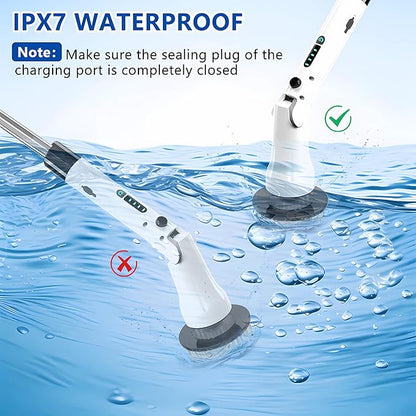Electric Spin Scrubber, Hillyfe Bath Scrubber for Cleaning with 7 Replaceable Brush Heads, IPX7 Waterproof,300/400 RPM, 3 Adjustable Size,Cordless Shower Cleaner Brush for Bathroom Floor,White