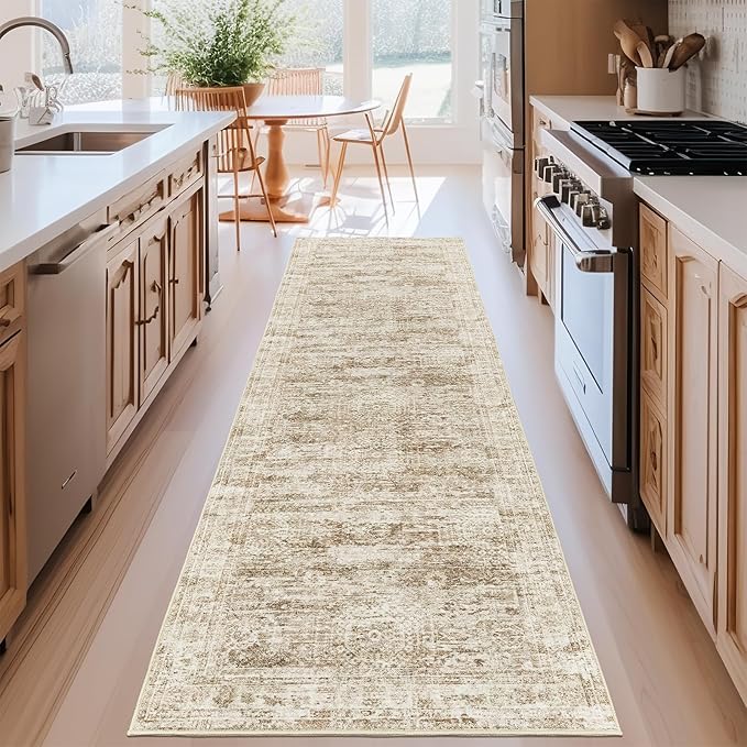 Kitchen Runner Rug Non Slip - 2.5 x 8 Runners for Hallways, Entryway, Bedroom, Washable Runner Rugs for Bathroom, Laundry Room, Low Pile Soft Vintage Area Rug(2.5'x8', Brown/Ivory)