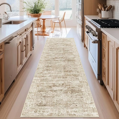 Kitchen Runner Rug Non Slip - 2.5 x 8 Runners for Hallways, Entryway, Bedroom, Washable Runner Rugs for Bathroom, Laundry Room, Low Pile Soft Vintage Area Rug(2.5'x8', Brown/Ivory)