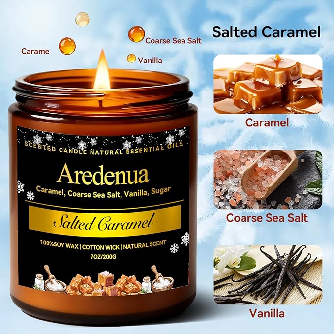 Winter Candles - Salted Caramel Candle | Cozy Holiday Scented Candles - 7oz Jar Soy Candle for Winter Home, Holiday & Christmas Gifts for Women Men