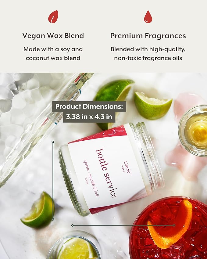 Literie Miami Inspired Scented Candle: Bottle Service - Spirits & Muddled Fruit Scent, 7.5oz, 40 Hour Burn, Vegan Soy & Coconut Blend Candle for Home Decor, Gift for Women & Men