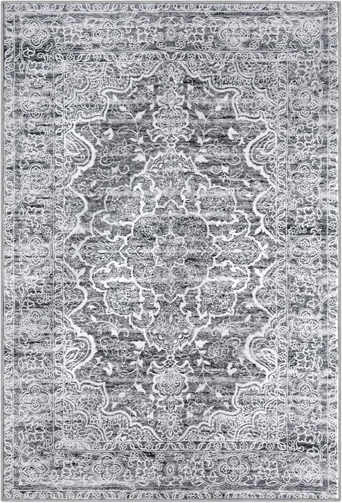 KUTA Area Rug 3x5, Vintage Floral Rugs for Living Room Grey Blue White Washable Non-Slip, Ultra Soft Printed Medallion Entry Low-Pile Throw Carpet for Entrance Bedroom Dorm Décor
