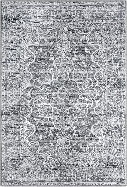 KUTA Area Rug 3x5, Vintage Floral Rugs for Living Room Grey Blue White Washable Non-Slip, Ultra Soft Printed Medallion Entry Low-Pile Throw Carpet for Entrance Bedroom Dorm Décor