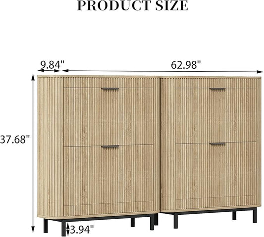 Shoe Cabinet with 4 Flip Drawers, Arc Narrow Wood Shoe Storage Cabinet with Fluted Panel and Metal Legs, Freestanding Wood Hidden Shoe Rack Cabinet for Foyer, Hallway, Nature-2