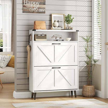 Vabches Shoe Storage Cabinet with 2 Flip Drawers,Freestanding Narrow Shoe Organizer with Open Storage,Hidden Slim Organizer Rack for Entryway,Hallway,White
