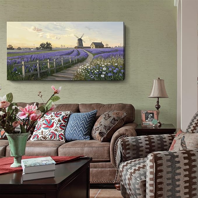 amatop Large Canvas Wall Art for Living Room Rustic Farmhouse Lavender Picture Print Countryside Landscape Windmill Daisy Flowers Purple Floral Artwork Bedroom Office Horizontal Nature Decor 48x24 In