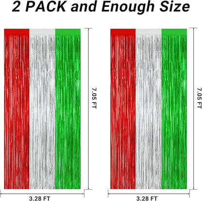 2 Pack Christmas Backdrop, 3.28 FT x 7.05 FT Red Silver Green Party Streamer, Metallic Xmas Backdrop Fringe Curtains Foil Tinsel, Christmas Decorations Wall Decor Photo Booth Props