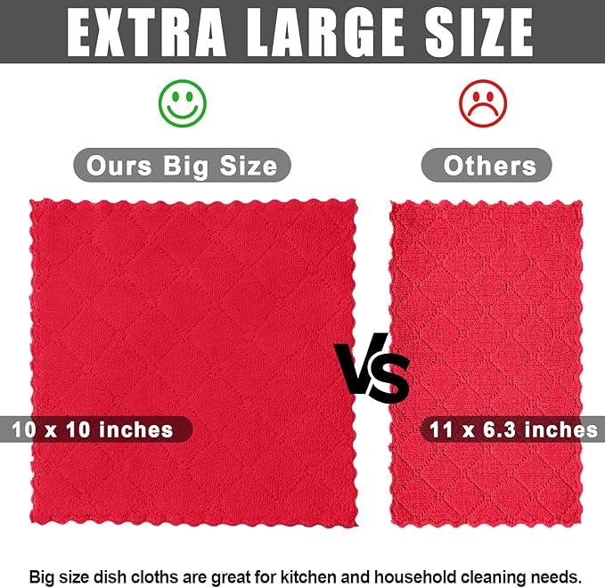 Homaxy 24 Pack Kitchen Dish Cloths (10 x 10 Inches, Red), Super Soft and Absorbent Coral Velvet Dish Towels, Nonstick Oil Fast Drying Microfiber Cleaning Cloth, No Lint Household Dishcloths