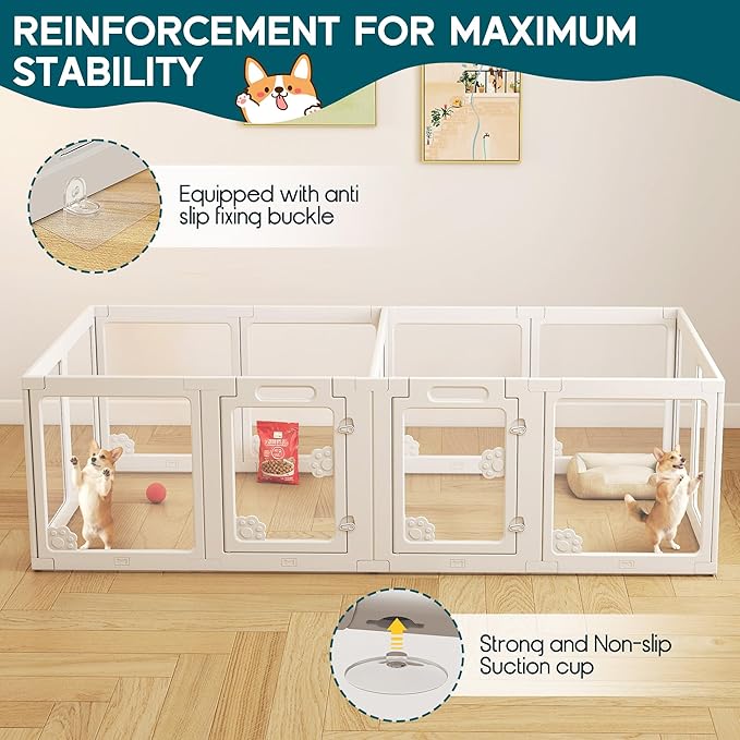 Albott Acrylic Clear Dog Playpen Indoor, Modular Puppy Cat Small Pet Play Pen with 2 Doors, Transparent Fence for Little Dogs, Cats, Rabbits, Easy Assemble and Disassemble, White (24" H, 14 pcs)