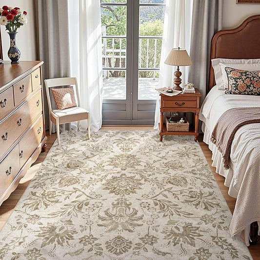 jinchan Floral 5x7 Area Rugs, Vintage-Inspired Neutral Design Accent Rug, Machine Washable Ultra-Thin Low-Pile Non-Slip Traditional Carpet for Living Room Bedroom Dining Room Home Office, Taupe