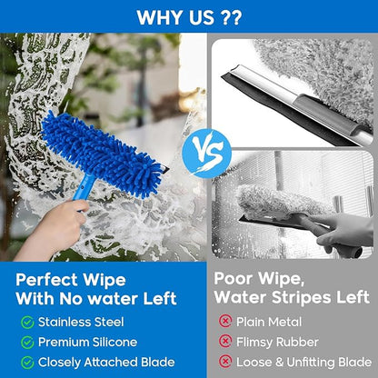 Window Squeegee, 2-in-1 Window Cleaner with Removable Extension Poles 177'' Window Washing Kit Glass Door Cleaner Multi-Use Car Windshield Cleaning Tool with 1 Blade 3 Scrubber for High Outdoor Window