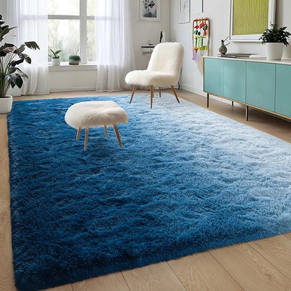DweIke Luxury Fluffy Kids Rugs for Living Room Bedroom, 6x9 Large Shaggy Gradient Navy Blue Area Rug for Girls Boys, Upgrade Plush Non-Slip and Washable Colorful Fuzzy Carpet for Dorm Nursery Decor