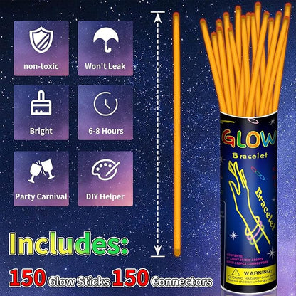 150 Pack 8” Orange Glow Sticks Bulk with 150 Connectors Neon Glow In The Dark Party favors Supplies for Holiday Birthday Party Decoration (Orange)