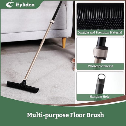 Eyliden Rubber Carpet Rake for Pet Hair, 2-in-1 Push Broom with Squeegee, 54" Telescopic Handle, Fur Water Remover Brush for Carpet, Rug, Hardwood, Tile Floors