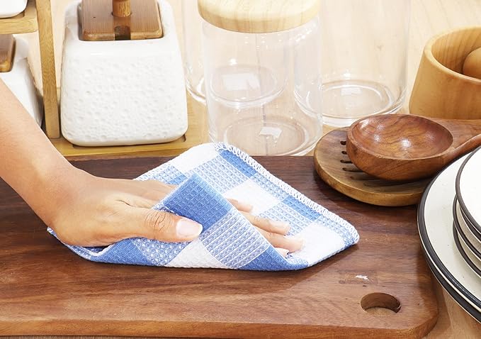 Waffle Weave Plaid Dish Cloths, 100% Cotton - 12 x 12 Inches, Ultra Soft Absorbent Quick Drying Dish Towels Buffalo Check Dish Rags for Kitchen, 8 Pack - Fall Thanksgiving - Light Blue & White