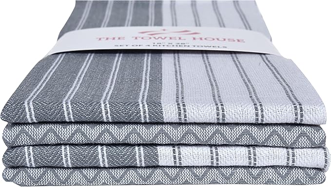 100% Cotton Kitchen Towels – Ultra Absorbent and Quick-Dry Dish Towels with Hanging Loop – Extra Large 18x28 Inches – Lint-Free, Soft and Durable – Grey (Pack of 4)