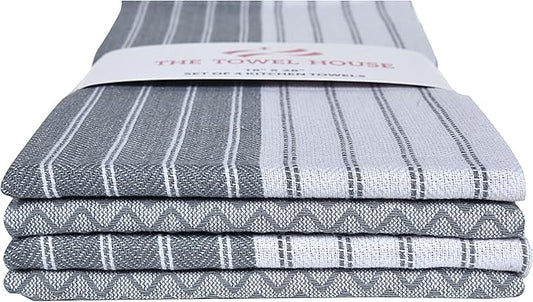 100% Cotton Kitchen Towels – Ultra Absorbent and Quick-Dry Dish Towels with Hanging Loop – Extra Large 18x28 Inches – Lint-Free, Soft and Durable – Grey (Pack of 4)