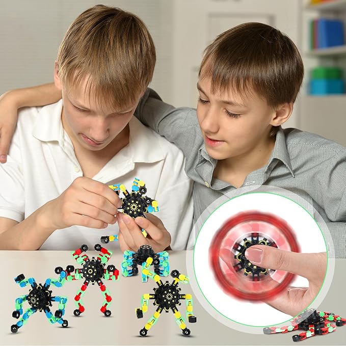 Junkin Funny Sensory Fidget Toy Bulk Transformable Chain Robot Finger Toys Fidget Spinners Stress Relief Fingertip Gyro Mechanical Spiral Spinner Valentine's Gift for Adult Kids(Glow,100 Pcs)